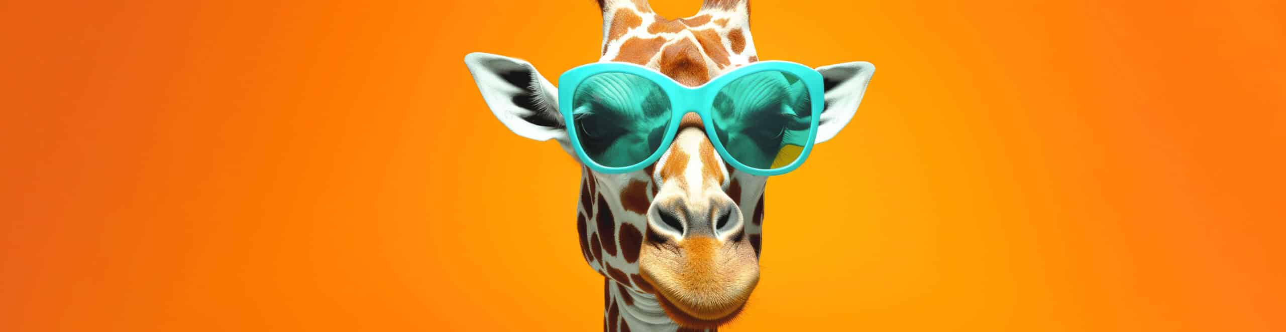 Trendy giraffe with turquoise sunglasses, orange backdrop.