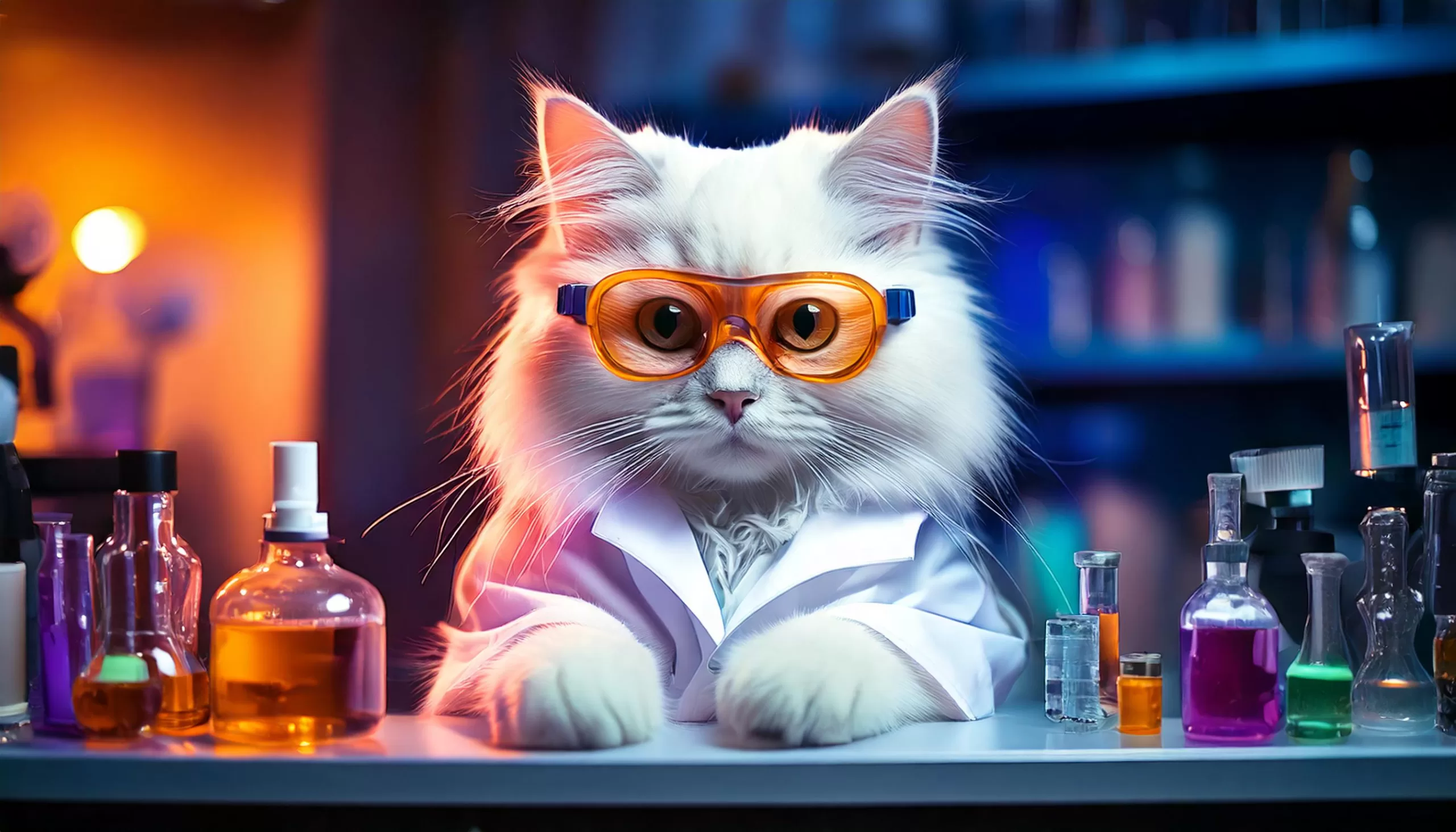 White fluffy cat in the lab doing science